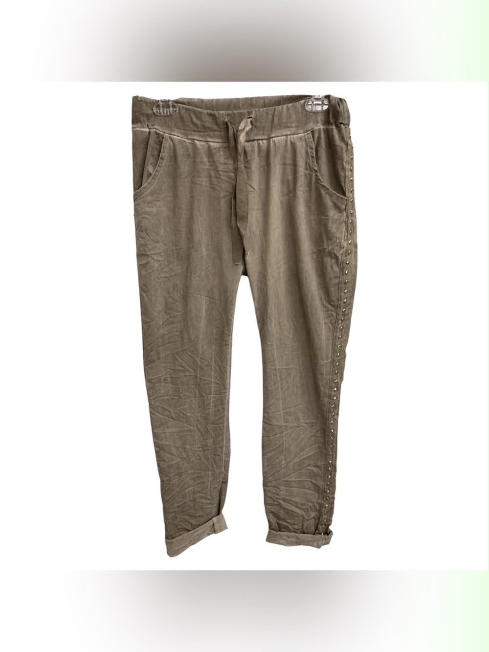 Moda Elegant Italy Olive Green Stud-Trim Joggers Size M